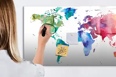 Magnetic glass dry erase board with watercolor world map design