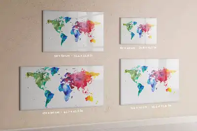 Magnetic glass dry erase board with watercolor world map design