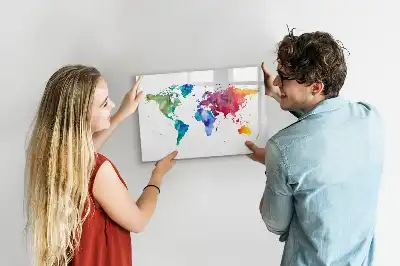 Magnetic glass dry erase board with watercolor world map design