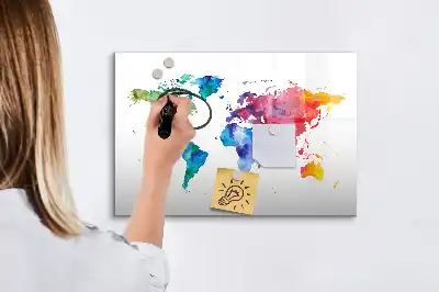Magnetic glass dry erase board with watercolor world map design