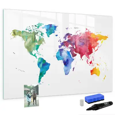 Magnetic glass dry erase board with watercolor world map design