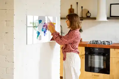 Magnetic glass dry erase board with watercolor world map design