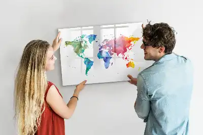 Magnetic glass dry erase board with watercolor world map design