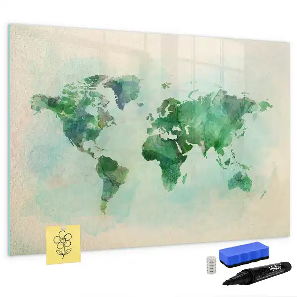 Magnetic glass dry erase board watercolor world map print