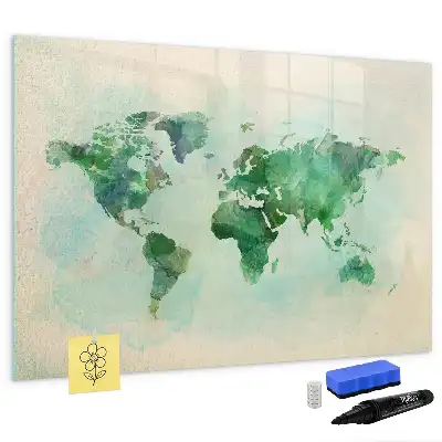 Magnetic glass dry erase board watercolor world map print