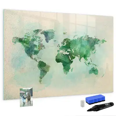 Magnetic glass dry erase board watercolor world map print