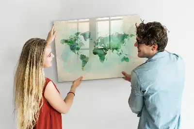 Magnetic glass dry erase board watercolor world map print