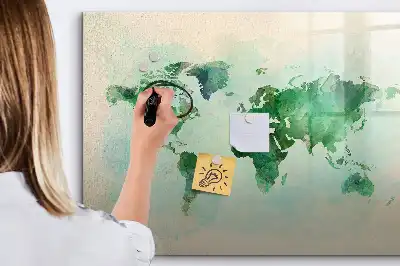 Magnetic glass dry erase board watercolor world map print