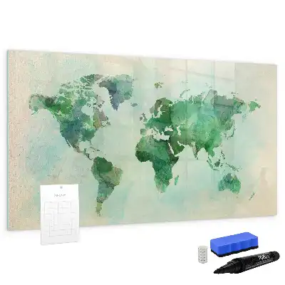 Magnetic glass dry erase board watercolor world map print