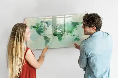 Magnetic glass dry erase board watercolor world map print
