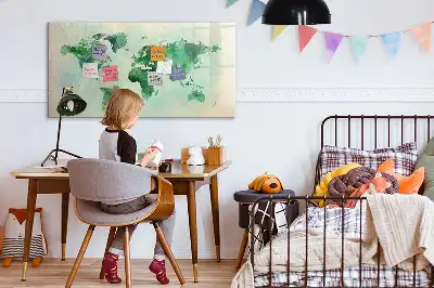 Magnetic glass dry erase board watercolor world map print
