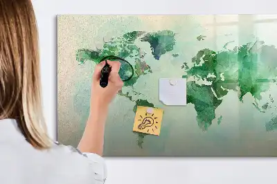 Magnetic glass dry erase board watercolor world map print