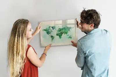 Magnetic glass dry erase board watercolor world map print