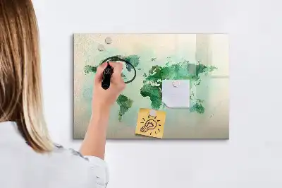 Magnetic glass dry erase board watercolor world map print
