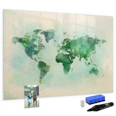 Magnetic glass dry erase board watercolor world map print