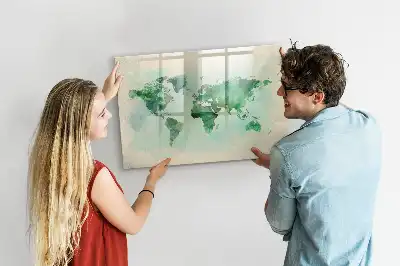 Magnetic glass dry erase board watercolor world map print