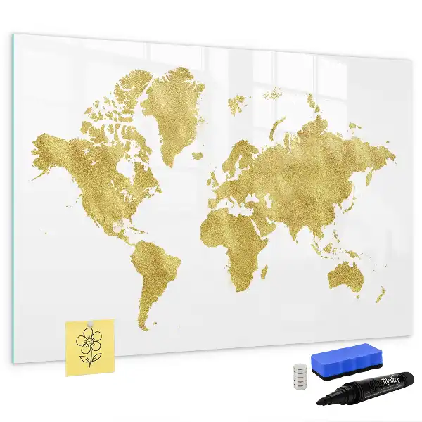 Magnetic glass dry erase board with gold world map design