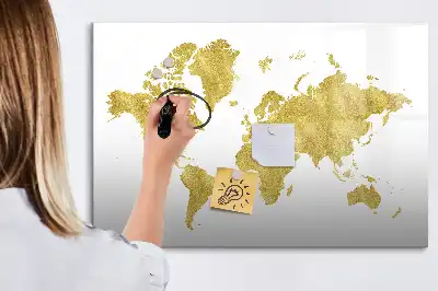 Magnetic glass dry erase board with gold world map design