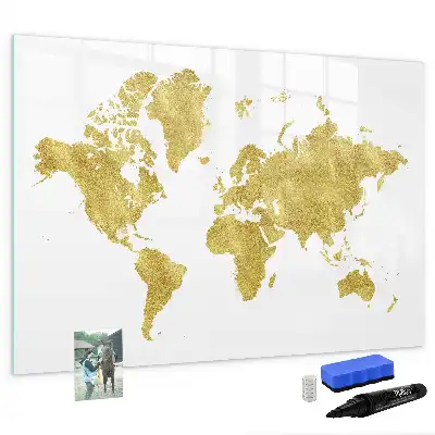 Magnetic glass dry erase board with gold world map design