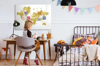 Magnetic glass dry erase board with gold world map design