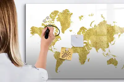 Magnetic glass dry erase board with gold world map design