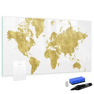 Magnetic glass dry erase board with gold world map design
