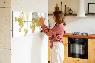 Magnetic glass dry erase board with gold world map design