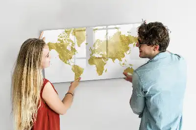 Magnetic glass dry erase board with gold world map design