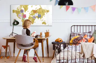 Magnetic glass dry erase board with gold world map design
