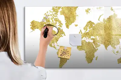 Magnetic glass dry erase board with gold world map design