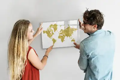 Magnetic glass dry erase board with gold world map design