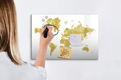 Magnetic glass dry erase board with gold world map design