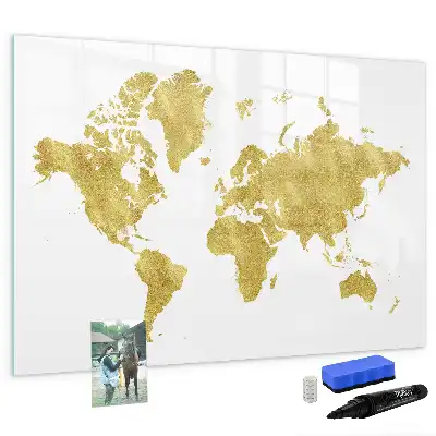 Magnetic glass dry erase board with gold world map design