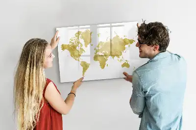 Magnetic glass dry erase board with gold world map design