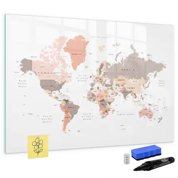 Magnetic world map marker board with a detailed cartographic design