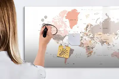 Magnetic world map marker board with a detailed cartographic design