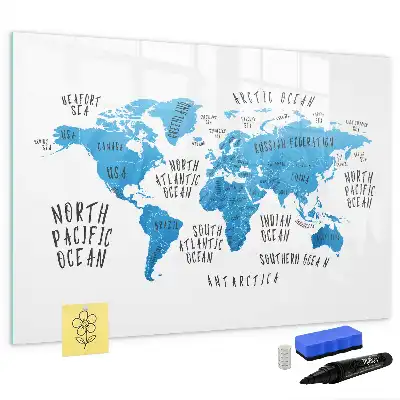Magnetic marker board featuring a blue earth map design