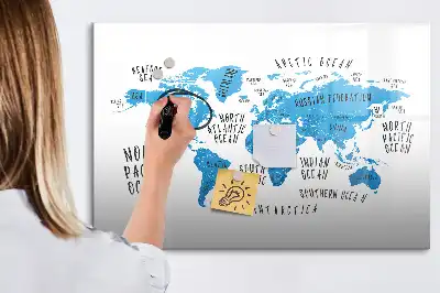 Magnetic marker board featuring a blue earth map design