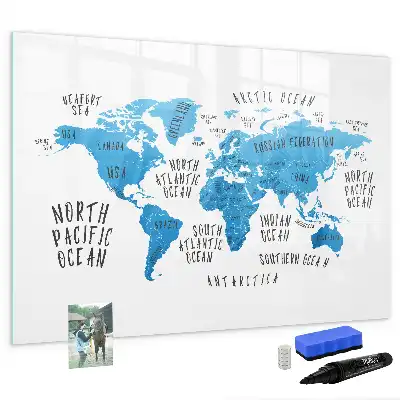 Magnetic marker board featuring a blue earth map design