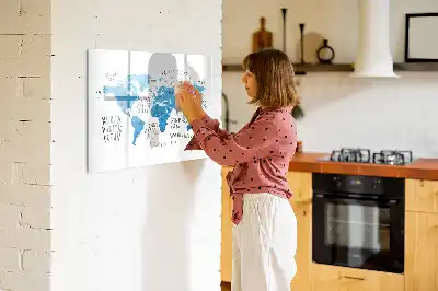 Magnetic marker board featuring a blue earth map design
