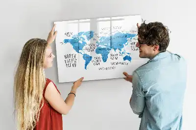 Magnetic marker board featuring a blue earth map design