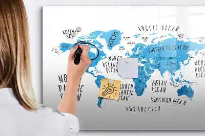 Magnetic marker board featuring a blue earth map design