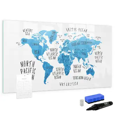 Magnetic marker board featuring a blue earth map design
