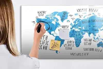 Magnetic marker board featuring a blue earth map design