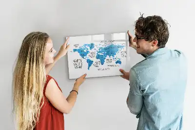 Magnetic marker board featuring a blue earth map design