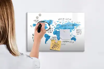 Magnetic marker board featuring a blue earth map design