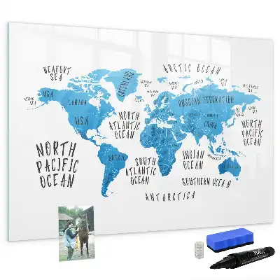 Magnetic marker board featuring a blue earth map design