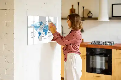 Magnetic marker board featuring a blue earth map design
