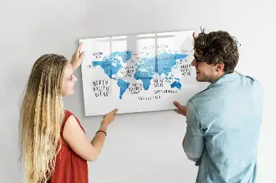 Magnetic marker board featuring a blue earth map design