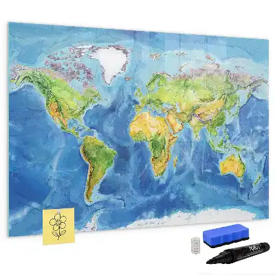 Magnetic glass dry erase board with world map print